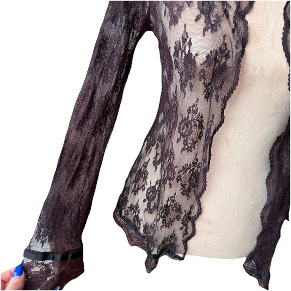 Whimsygoth Burgundy Sheer Lace Blouse Romantic Witchy Long Sleeve Top Coquette - Picture 6 of 10